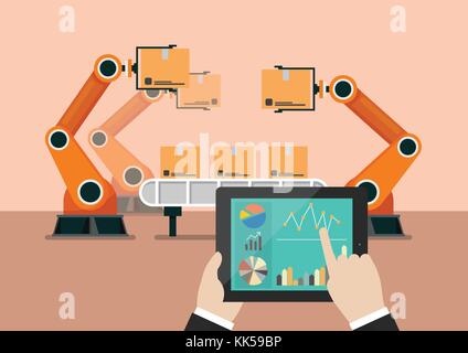 Mano con tavoletta per l'automazione di controllo robot a braccio macchina in smart factory industriale. illustrazione vettoriale Illustrazione Vettoriale