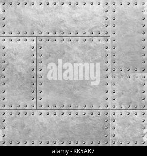 Blindate piastre in metallo con rivetti sfondo senza giunture o texture 3D illustrazione Foto Stock