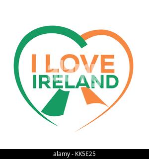 Io amo l'Irlanda con il contorno del cuore e la bandiera dell'Irlanda, icona design, isolati su sfondo bianco. Illustrazione Vettoriale