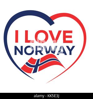 Io amo la Norvegia con il contorno del cuore e la bandiera della Norvegia, icona design, isolati su sfondo bianco. Illustrazione Vettoriale