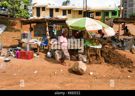 Una donna si distingue per la sua bancarella vendendo gli articoli di cibo da strada in una piccola città, Kenya, Africa orientale Foto Stock