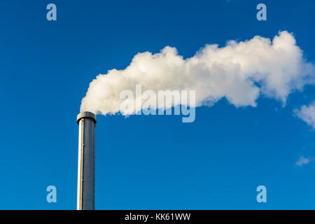 Una lunga nuvola di fumo bianco che fuoriesce da un camino metallico contro il cielo blu. Foto Stock