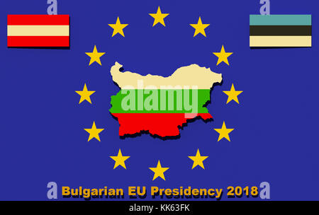 Il bulgaro presidenza del Consiglio UE 2018 3d illustrazione segno. bandiera austriaca, bandiera dell'estonia , bandiera bulgara in confini mappa, sulla bandiera UE sullo sfondo. Foto Stock