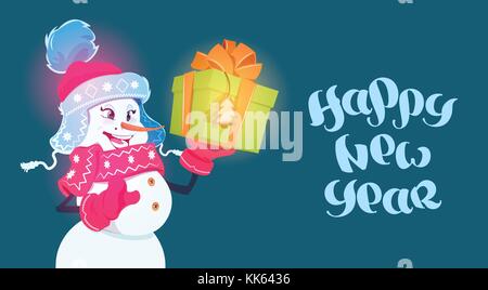 Felice anno nuovo poster pupazzo di neve ragazza tenere confezione regalo vacanze invernali concept Illustrazione Vettoriale