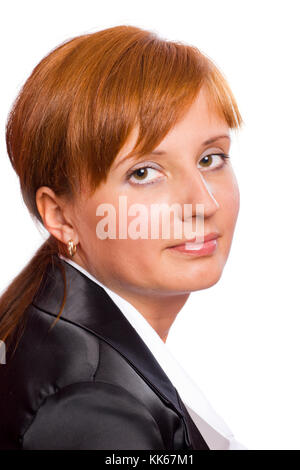 Giovani pensieroso business donna guardando si è isolato su bianco Foto Stock