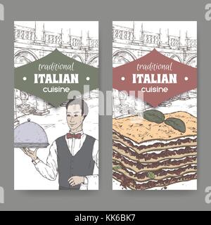 Due etichette con cameriere, ilalian nenti la partecipazione e le lasagne in bianco. Illustrazione Vettoriale