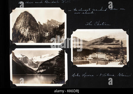 Pagine da un vecchio album fotografico riguardante Lake Louise in Alberta Canada. Foto Stock