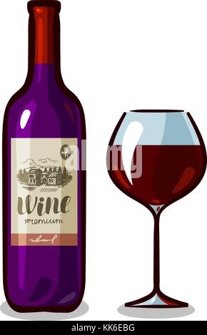 Bottiglia di vino e bicchiere. Azienda vinicola, bevanda alcolica, concetto di bevanda. Illustrazione vettoriale Illustrazione Vettoriale