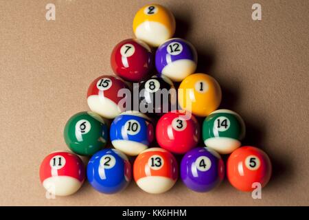 Vista superiore di sfere disposte sul tavolo da biliardo Foto Stock