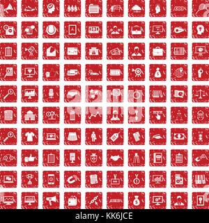 100 partnership set di icone grunge red Illustrazione Vettoriale