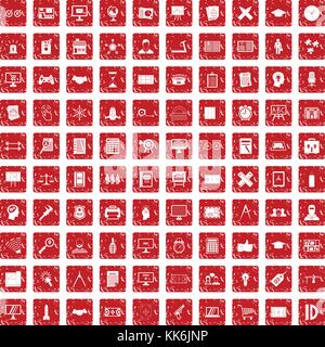 100 piano set di icone grunge red Illustrazione Vettoriale