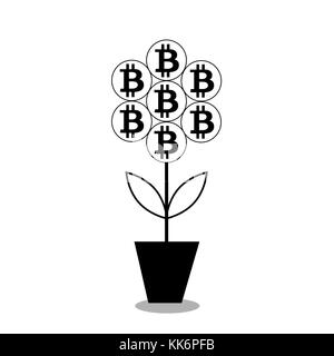 Illustrazione vettoriale di bitcoin fiore nel pot. silhouette nera, icona, clip art isolati su sfondo bianco. Foto Stock