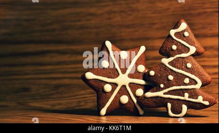 Albero di natale e il simbolo del fiocco di neve. bella dolce Natale candy. decorata a mano, in casa di pan di zenzero. Foto Stock