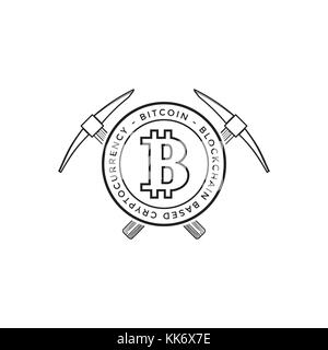 Vettore di contorno nero design monocromatico attraversato mining picks con moneta in oro crypto cambio segno logo bitcoin modello illustrazione di contorno isolato wh Illustrazione Vettoriale