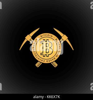 Vettore di colore giallo design attraversato mining picks con moneta in oro crypto cambio segno bitcoin logo illustrazione del modello isolato sfondo scuro Illustrazione Vettoriale