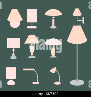 Set di vettore di diversi tipi di illuminazione per interni telecomando, luce da soffitto, spotlight, luce da parete, tabella ombra lampade, lampada da lettura e lampada da pavimento piatto. s Illustrazione Vettoriale