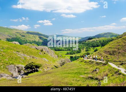 Sono diminuiti gli scuotipaglia scende il percorso dal Easedale Tarn in Grasmere valley nel Parco Nazionale del Distretto dei Laghi, Cumbria, Inghilterra. Estate Foto Stock