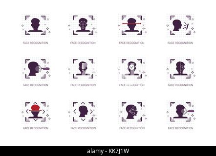 Sistema di riconoscimento facciale set di icone di identificazione biometrica concept linea sottile Illustrazione Vettoriale