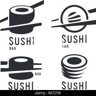 Il sushi e roll con bacchette su sfondo bianco, nero logo vettoriale modello monocromatico. cucina giapponese set di icone. Illustrazione Vettoriale