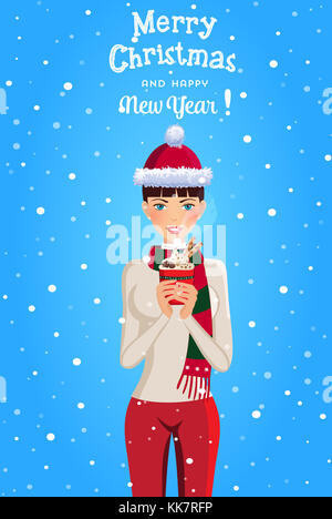 Natale e Anno Nuovo illustrazione della ragazza carina con capelli castani in santa hat e sciarpa a righe azienda red cup con bevanda calda isolate su snowy blu Foto Stock