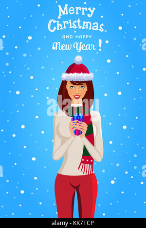 Buon Natale e felice anno nuovo carta della cute girl in santa hat e sciarpa tenendo premuto il nastro avvolto di prua dono isolato blu su sfondo innevato. Vettore Foto Stock