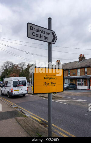 Fermata temporanea dell'autobus, Coggeshall Road, Braintree, Essex, Regno Unito Foto Stock