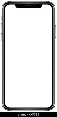 Nuovissimo smartphone di colore nero e argento con schermo vuoto isolato su sfondo bianco mockup. Vista frontale del moderno smartphone multimediale android Foto Stock
