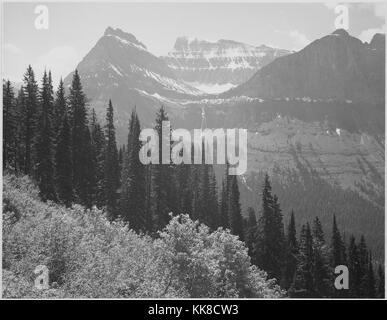 Una fotografia in bianco e nero di cime coperte con bande di neve nel Glacier National Park, il primo piano è costituito da alberi e cespugli, l'immagine proviene da una serie di fotografie noto come il progetto murale di Ansel Adams, fu commissionato dal Servizio del parco nazionale nel 1941 per creare un murale fotografico per il dipartimento dell'interno edificio in Washington DC, il progetto è giunto a termine a causa della Seconda Guerra Mondiale, il Glacier National Park è stato istituito nel 1910, il parco è costituito da più di un milione di acri di terreno ed è conosciuto per la sua varietà di paesaggi e di ecosistema, Montana, regno Foto Stock