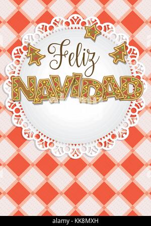 Feliz Navidad - Buon Natale in lingua spagnola - lettering formata da gingerbread cookie su una piastra bianca guarnita con a forma di albero di cookie Illustrazione Vettoriale