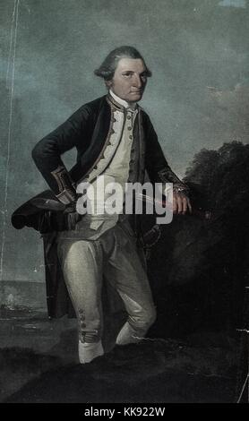 Illustrato ritratto del capitano James Cook, un esploratore britannico, navigator, cartografo, e capitano della Royal Navy che hanno reso le mappe dettagliate di Terranova e raggiunto il primo registrato contatto europeo con la costa orientale dell' Australia e le Isole Hawaii e il primo registrato circumnavigazione della Nuova Zelanda, in uniforme, in piedi, 1873. Dalla Biblioteca Pubblica di New York. Foto Stock