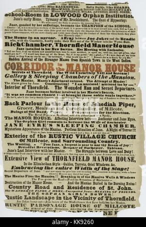 Una porzione di un cartellone per una produzione di Jane Eyre: i segreti di Thornfield Manor presso il Victoria Theatre, il teatro è più comunemente noto come il vecchio Vic, il gioco è stato scritto da John Courtney e fu la prima fase di adattamento di Charlotte Bronte del romanzo Jane Eyre, è stato messo in scena un anno dopo il rilascio del romanzo, questa porzione del cartellone fornisce le descrizioni dei temi e delle impostazioni di riproduzione, 1848. Dalla Biblioteca Pubblica di New York. Foto Stock