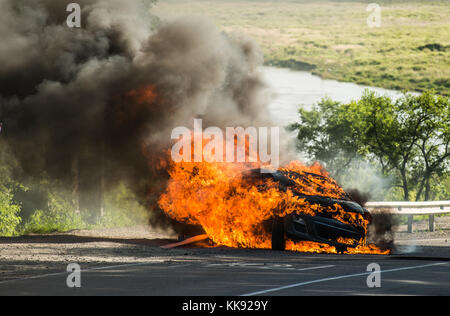 Autovettura in un incendio Foto Stock