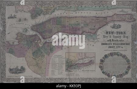 Incisi immagine mappa da un atlante con didascalia originale lettura 'New York City e county map con prossimità intero, Brooklyn, Williamsburgh, Jersey City, ec nel 79º anno di indipendenza degli Stati Uniti", la città di New York, New York, 1854. Dalla Biblioteca Pubblica di New York. Foto Stock