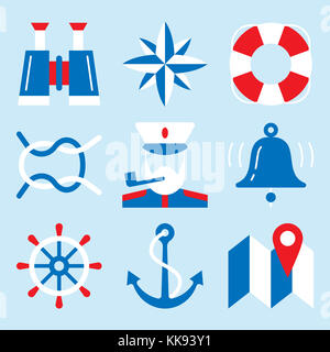 Icona nautico impostato con marine elementi di navigazione, capitano, accessori di marina e navi. Design piatto di mare viaggi Foto Stock