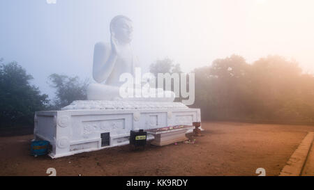 Statua di Budda seduto e pregando, su un altare sul sacro sito buddista di mihintale in Sri Lanka. Foto Stock