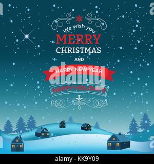 Anno nuovo e auguri di Natale design. vacanze invernali paesaggio.Borgo di notte. sfondo con i fiocchi di neve albero di natale e case. Illustrazione Vettoriale