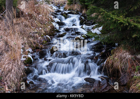 Splendido piccolo e veloce mountain creek cascading in discesa attraverso i massi (lunga esposizione) Foto Stock