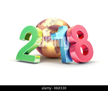 Nuova e colorata data dell'anno 2018, composto con un oro il pianeta terra, isolato su bianco - 3D illustrazione Foto Stock