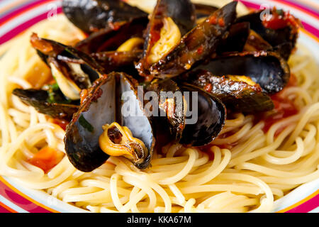Gli spaghetti con le cozze con erbe e salsa di pomodoro in un piatto di pesce. Il cibo presso la riva del mare francese. sfondo scuro Foto Stock