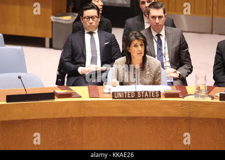 Onu, new york, Stati Uniti d'America. 29 nov, 2017. nikki haley, ambasciatore statunitense, indirizzi consiglio di sicurezza delle Nazioni Unite circa la corea del nord il lancio di missili. Credito: Matthew russell lee/alamy live news Foto Stock