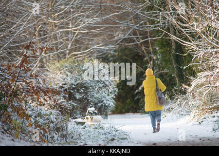 Deeside modo, Aberdeen . 30 Novembre, 2017. Un viandante sul Deeside modo percorso in corrispondenza di culti Aberdeen godendo la neve. Credito: Paolo Glendell/Alamy Live News Foto Stock