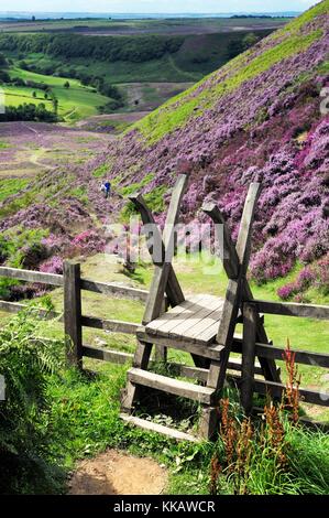 Stile e gli scuotipaglia e il sentiero a sud di heather foro coperto di horcum moor terra. North York Moors National Park, Inghilterra. estate Foto Stock