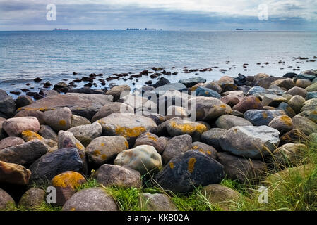 Petroliere al largo delle spiagge della penisola di Skagen, riunione del Mare del Nord e del Mar Baltico, Foto Stock