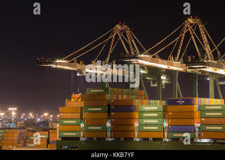 San Pedro, Los Angeles, california, Stati Uniti d'America - settembre 20th, 2017: gru portuali il carico e lo scarico di contenitori per il trasporto alla sera al porto di los angele Foto Stock