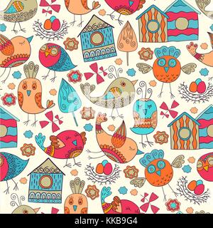 Coloratissimo doodle seamless pattern con uccelli. può essere utilizzata per la carta da parati, riempimenti, pagina web background e texture di superficie. Illustrazione Vettoriale