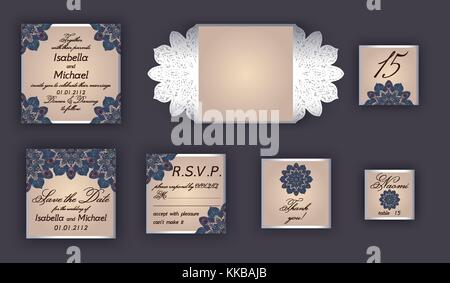 Vintage invito a nozze set design includono carta di invito, salva la data, rsvp card, biglietto di ringraziamento, numero di tavola, posizionare le schede, carta pizzo avvolgono Illustrazione Vettoriale