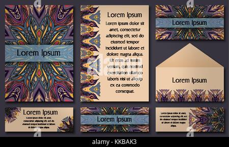 Set di modelli di invito con colorate mandala tribali etnici di nozze e biglietti di invito. illustrazione vettoriale. Illustrazione Vettoriale