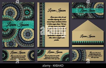 Set di modelli di invito con colorate mandala tribali etnici di nozze e biglietti di invito. illustrazione vettoriale. Illustrazione Vettoriale