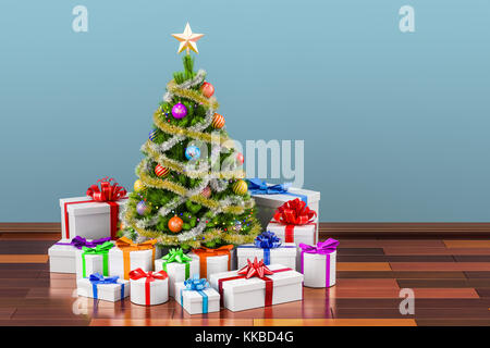Albero di Natale e scatole regalo in camera, rendering 3D. Foto Stock