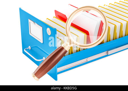 La ricerca di file concetto. Le cartelle con lente di ingrandimento, rendering 3D Foto Stock